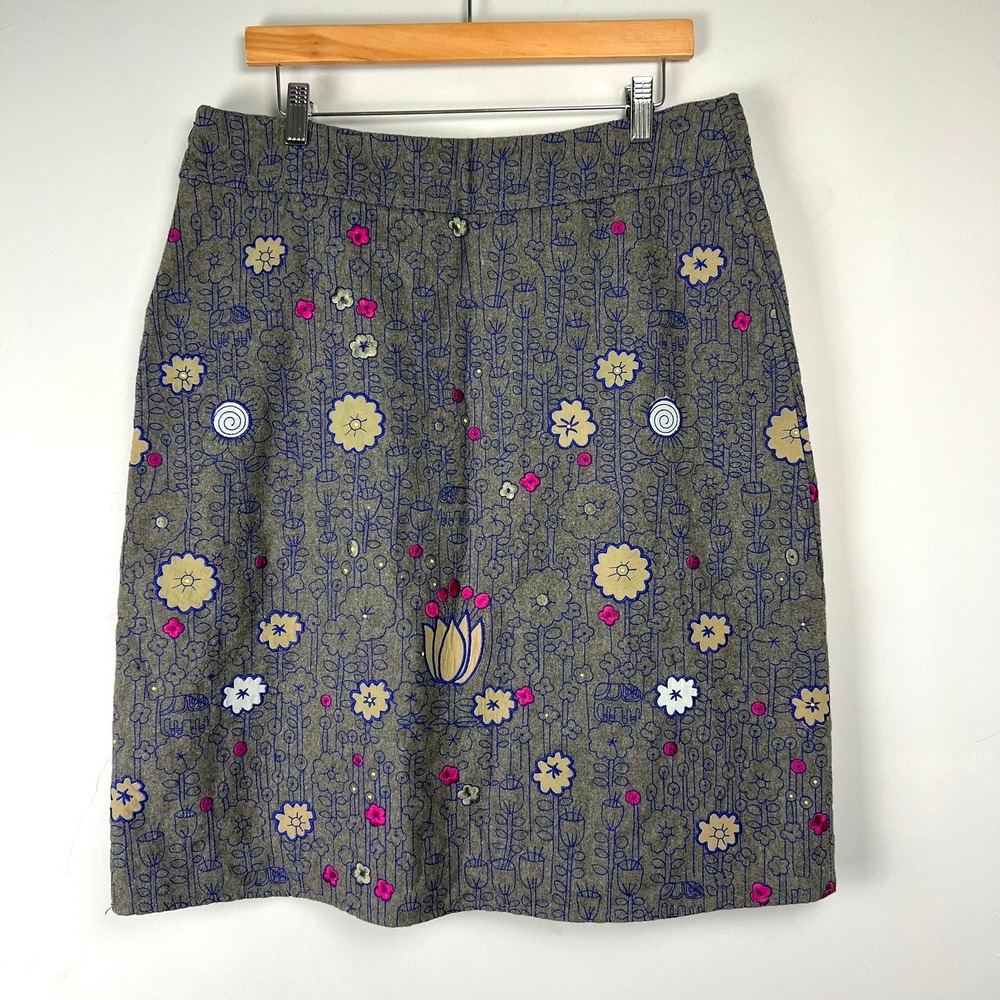 White Stuff Wool Blend Embroidered Floral A-Line Midi Skirt US 10 Folk Artsy